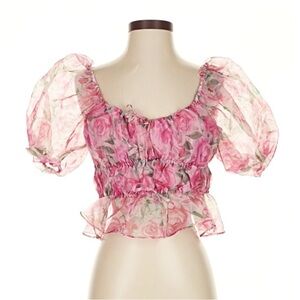 Joie Pink Floral Sheer Puff Sleeve Blouse